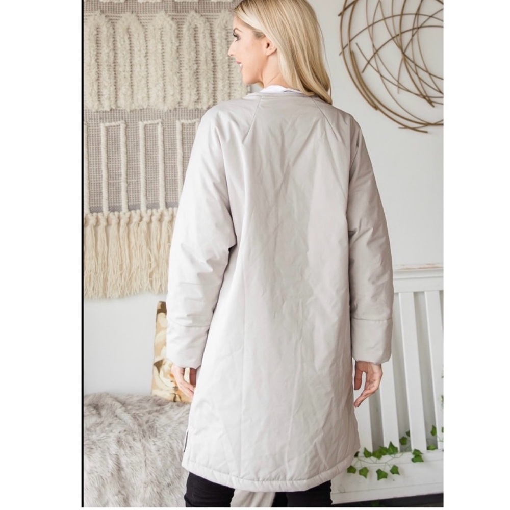 NWT! Cream Long Body Nylon Button Downstyle Winter Jacket Coat - Picture 3 of 5